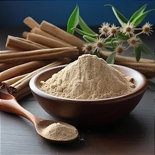 Ashwagandha root powder in a bowl, the best-evidenced ingredient in the formula