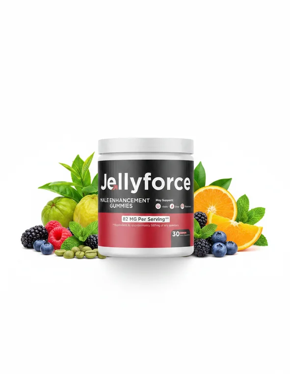Jelly Force bottle surrounded by fruit, as supplied by the manufacturer