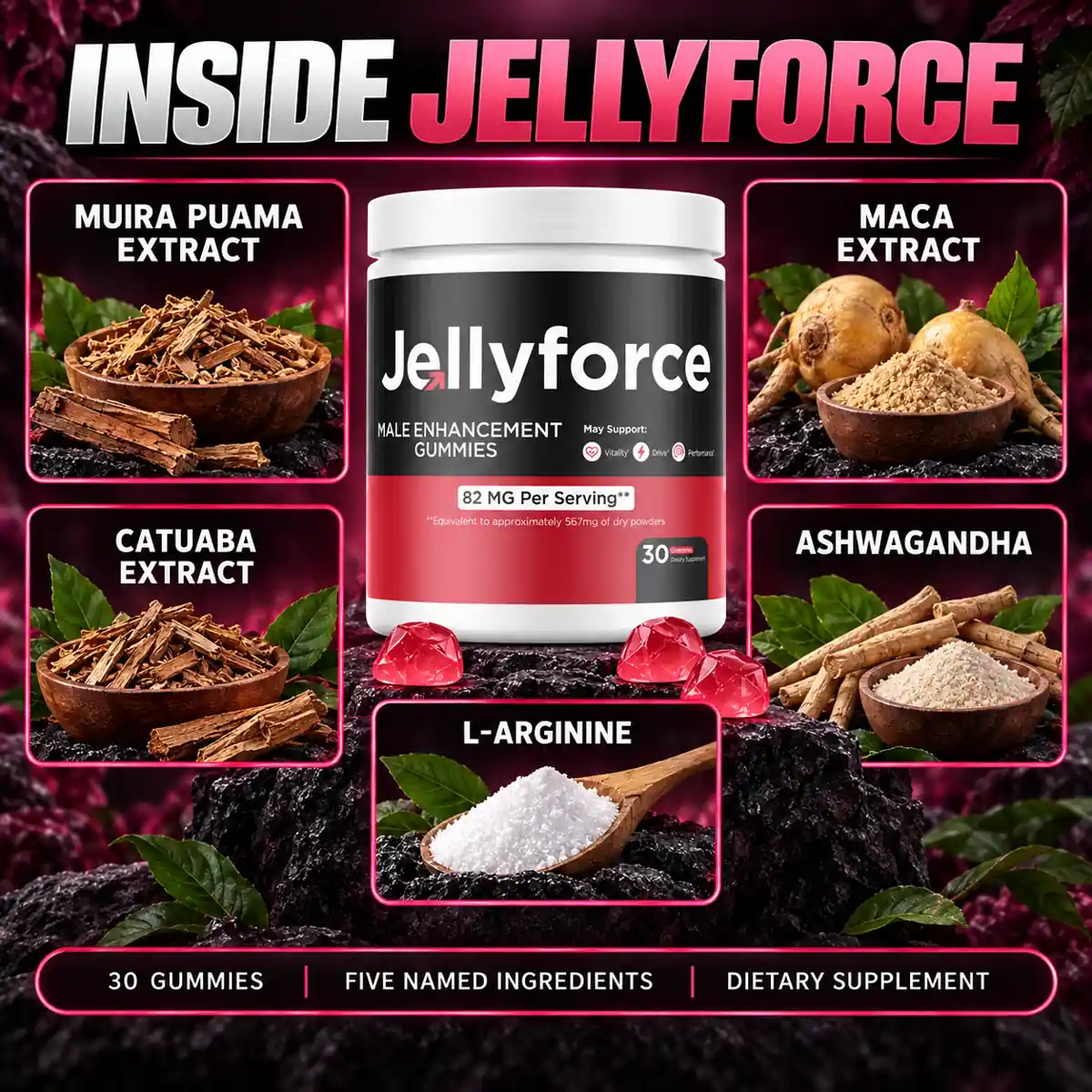 The vendor's INSIDE JELLYFORCE tile naming five of the nine panel ingredients around a bottle