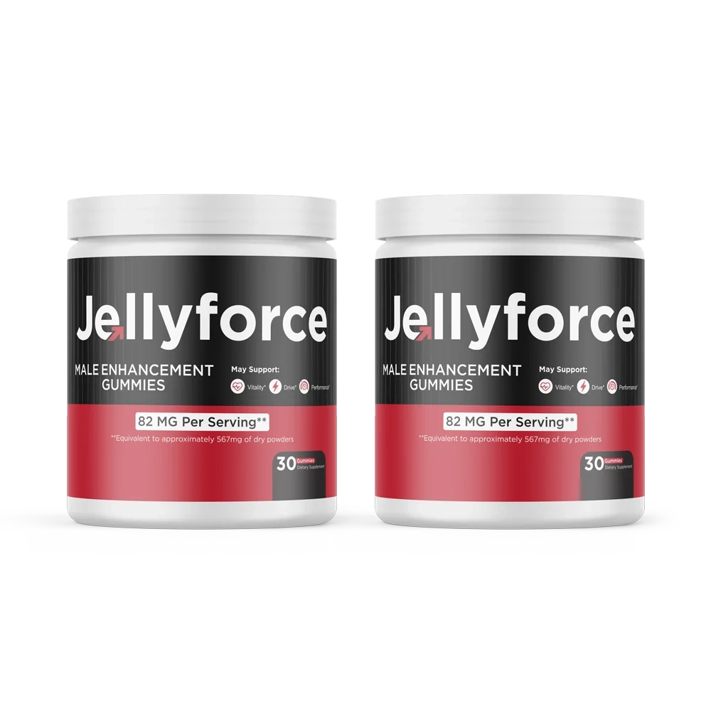 Two Jelly Force bottles, front labels showing 30 gummies